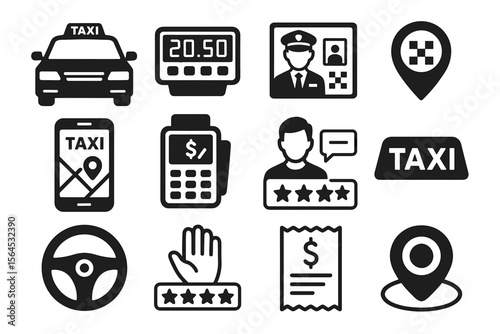 Taxi icons set: car, driver, payment, location, rating symbols for transport