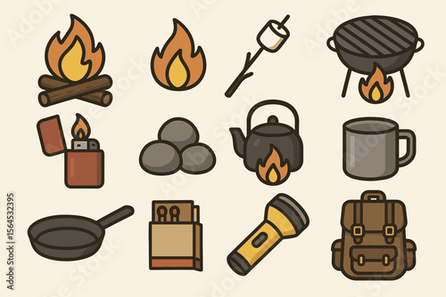 Camping essentials icon set featuring fire, cooking, and gear elements