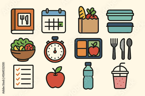 Meal planning and preparation icons featuring fresh produce and containers