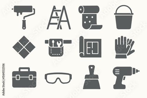 Home renovation tools and equipment icons for diy projects