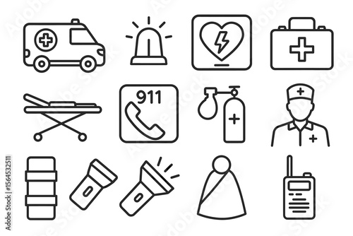 Emergency medical icons set featuring ambulance, first aid, and communication symbols