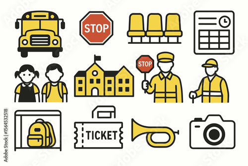 School and transit icons: bus, students, crossing guard, ticket, camera, stop sign