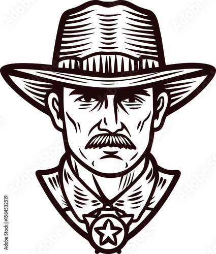 Hand drawn sheriff with mustache in cowboy hat and badge vintage wild west lawman illustration