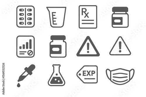 Medical icons set: pills, measurement, prescription, jars, warnings, dropper, flask, mask