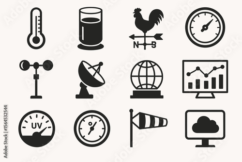 Weather and climate icons: thermometer, wind vane, uv gauge, satellite, cloud