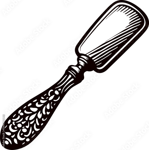 Vintage hand drawn ornate shoehorn with floral decorative handle isolated on white background illustration