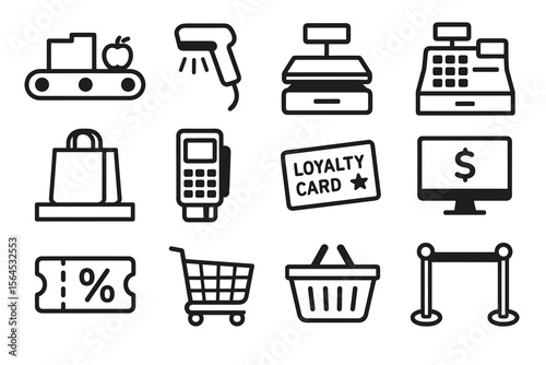 Retail shopping icons set featuring checkout, cart, and loyalty card symbols