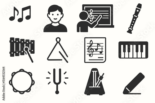 Music education icons: instruments, notes, teacher, student, composer