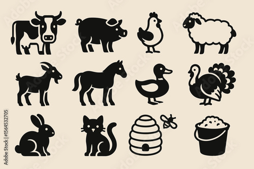 Farm animal silhouettes featuring cow, pig, chicken, sheep, and more