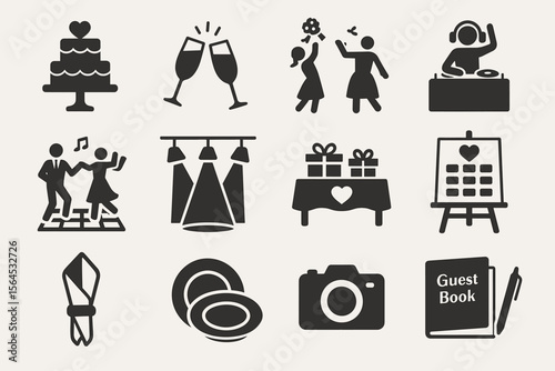Wedding icons set: cake, dance, dj, camera, gifts, guest book, celebrations