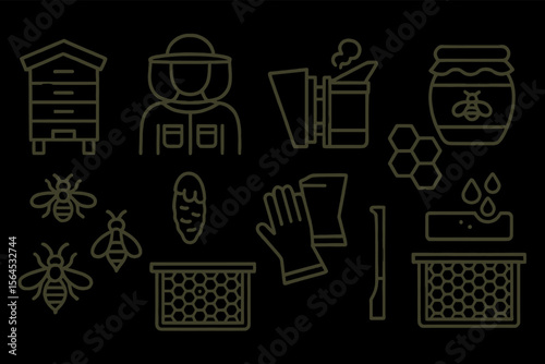 Beekeeping icons: hive, beekeeper, smoker, honeycomb, bees, tools