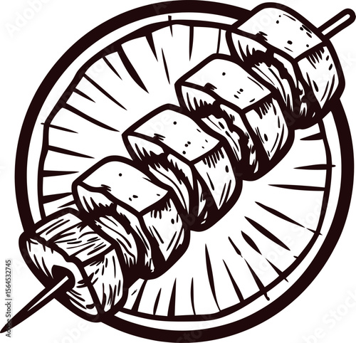 Hand drawn illustration of grilled meat kabob skewer on plate vintage rustic barbecue meal sketch design