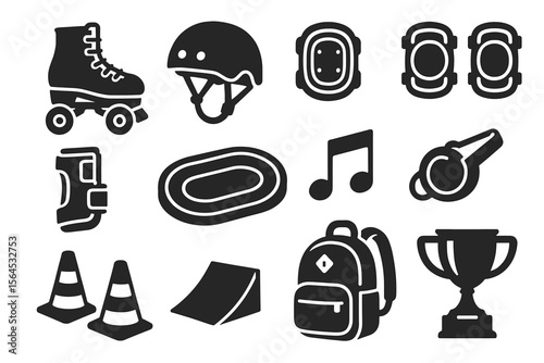 Roller skating gear and accessories: helmet, knee pads, cones, backpack, trophy