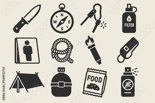 Essential camping icons: knife, compass, water filter, tent, rope, flashlight, carabiner, canteen, bug spray, food pack