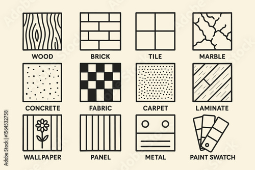 Variety of building material icons: wood, brick, tile, marble, concrete, fabric, carpet, laminate, wallpaper, panel, metal, paint swatch