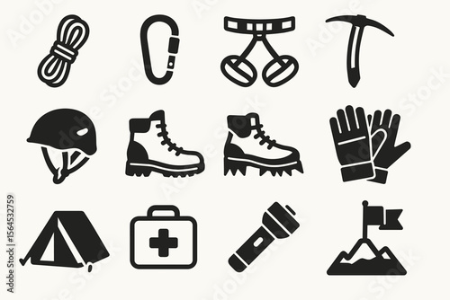 Climbing and camping equipment icons set featuring essential gear and tools