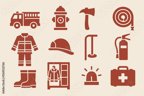Firefighting equipment icons set: truck, hydrant, axe, hose, gear, helmet, alarm, kit