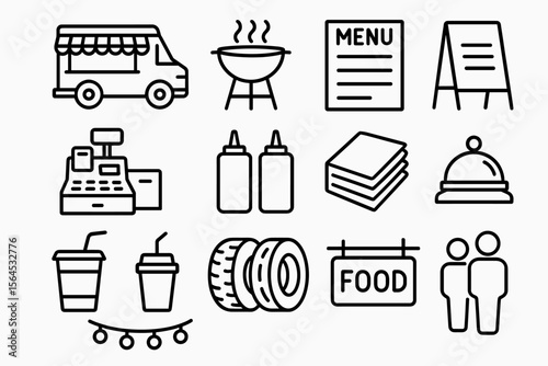 Food truck icons set: grill, menu, payment, drinks, signage, and more