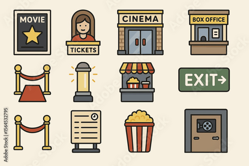 Movie theater icons: cinema, tickets, popcorn, box office, exit signs