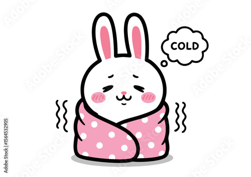 Cartoon Bunny Wrapped in Pink Blanket Feeling Cold Thinking COLD.
