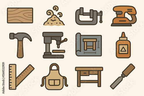 Woodworking tools icons set: hammer, sawdust, clamp, drill, blueprints, glue, ruler, apron, workbench, chisel