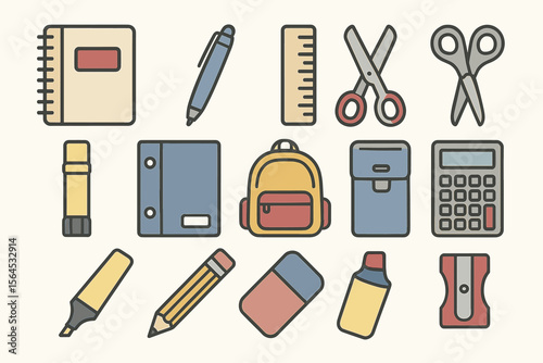 Colorful school supplies icons featuring scissors, backpack, notebook, and calculator