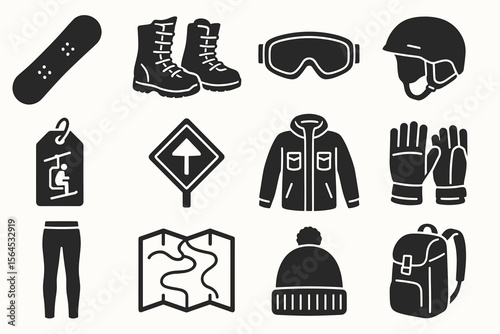 Winter sports gear icons: snowboard, boots, goggles, jacket, gloves, helmet