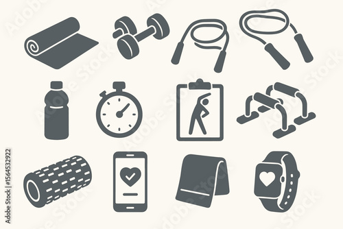 Collection of fitness equipment icons for exercise and workout