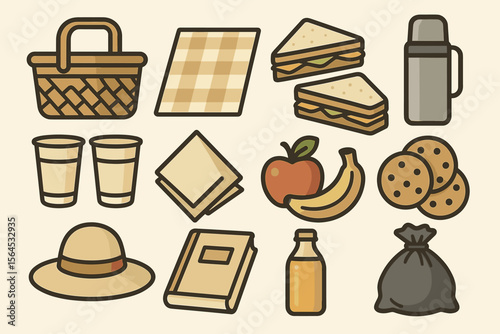 Illustrated picnic essentials set with food and accessories