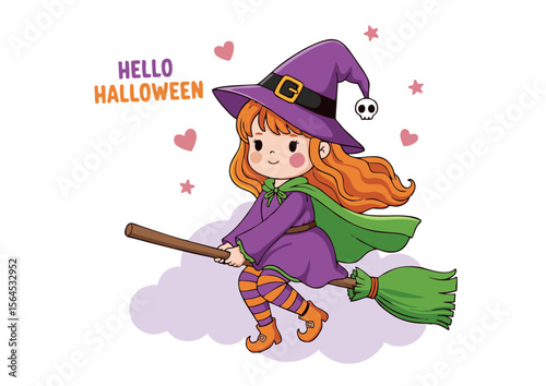 Cute Cartoon Witch Flying on a Broom on Halloween.