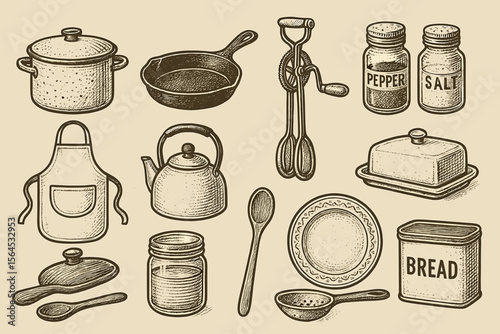 Retro kitchen utensils collection: pots, pans, utensils, and condiment holders