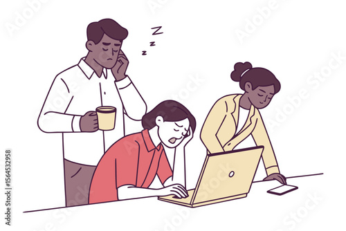 Three exhausted office workers struggling with fatigue and stress while working late or dealing with a demanding project