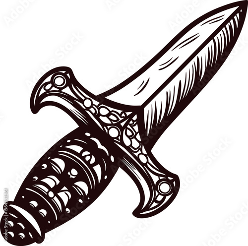 Vintage engraved drawing of a decorated dagger with ornate handle and blade in classic hand drawn