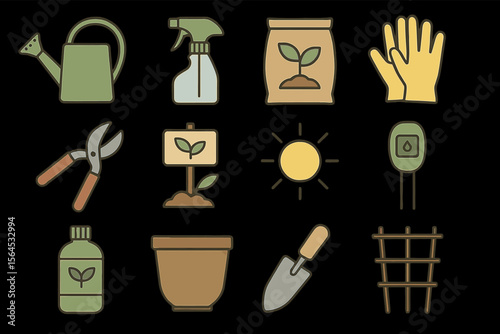 Bright gardening tools icons: watering can, pruners, gloves, sun, seedlings, trowel