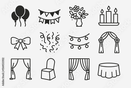 Event decoration icons: balloons, flowers, candles, banners, curtains, chair, tablecloth
