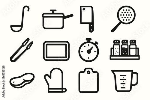 Kitchen utensil icons: ladle, pot, cleaver, skimmer, tongs, timer, salt shaker, mitten, cutting board, measuring cup