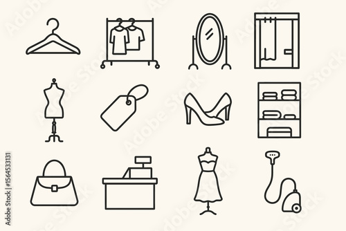 Fashion and retail icon set: hangers, clothing, shoes, mirror, and shopping items