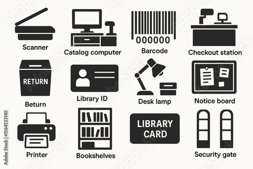 Library equipment and icons: scanner, computer, barcode, checkout, return, id, desk lamp, notice, printer, bookshelves, security