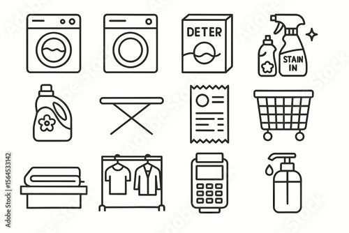 Laundry icons: washer, detergent, ironing board, basket, payment, soap dispenser