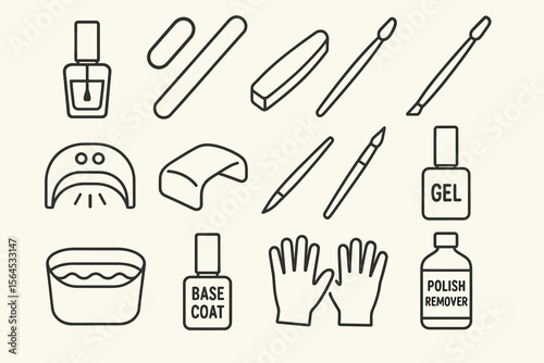 Nail care tools: polish, brushes, uv lamp, files, base coat, gloves, remover