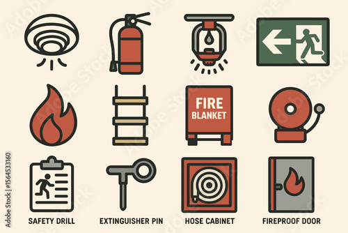 Essential fire safety equipment icons including extinguisher and fire blanket signage