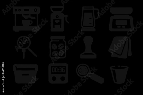 Silhouette of coffee brewing equipment icons on black background