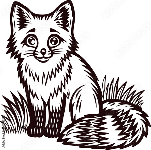 Cute hand drawn fox illustration with fluffy tail sitting in grass, black and white line art