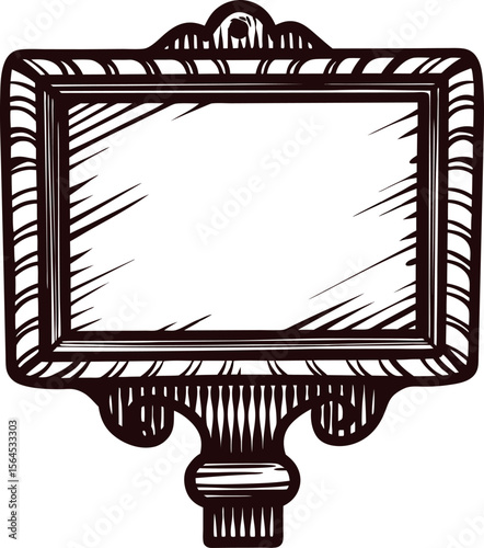 Hand drawn vintage rectangular mirror with ornate frame engraving sketch