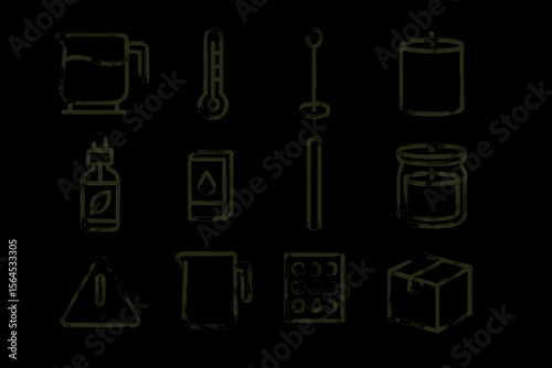 Minimalist line icons of coffee pot, thermometer, candle, dropper, soap box, glass jar, warning sign, measuring jug, bubble wrap, and cardboard box