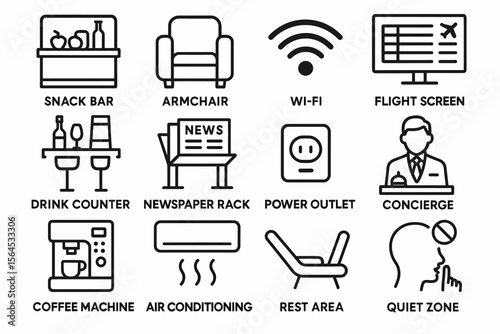 Icon set for airport lounge amenities: wi-fi, armchair, snack bar, concierge, newspaper rack