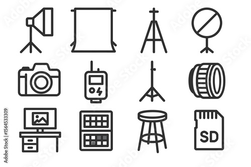 Photography equipment icons: camera, tripod, lens, lighting, memory card
