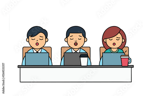Three cartoon people sitting at a desk with laptops and coffee cups appearing bored or tired during a meeting or work session