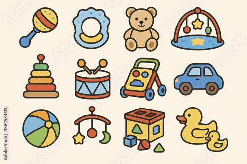 Colorful collection of baby toys including teddy bear, rattle, and rubber ducks
