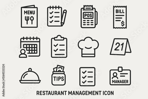 Restaurant management icons: menu, pos, bill receipt, calendar, tips, chef hat, manager